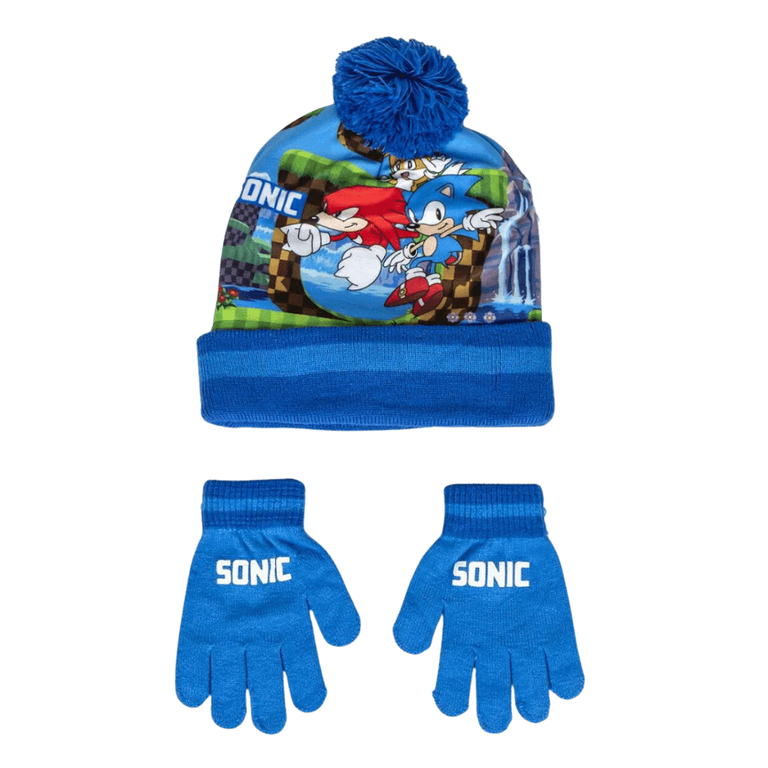 Coordinato Sonic: Cappello e Guanti con Ponpon per Bambini