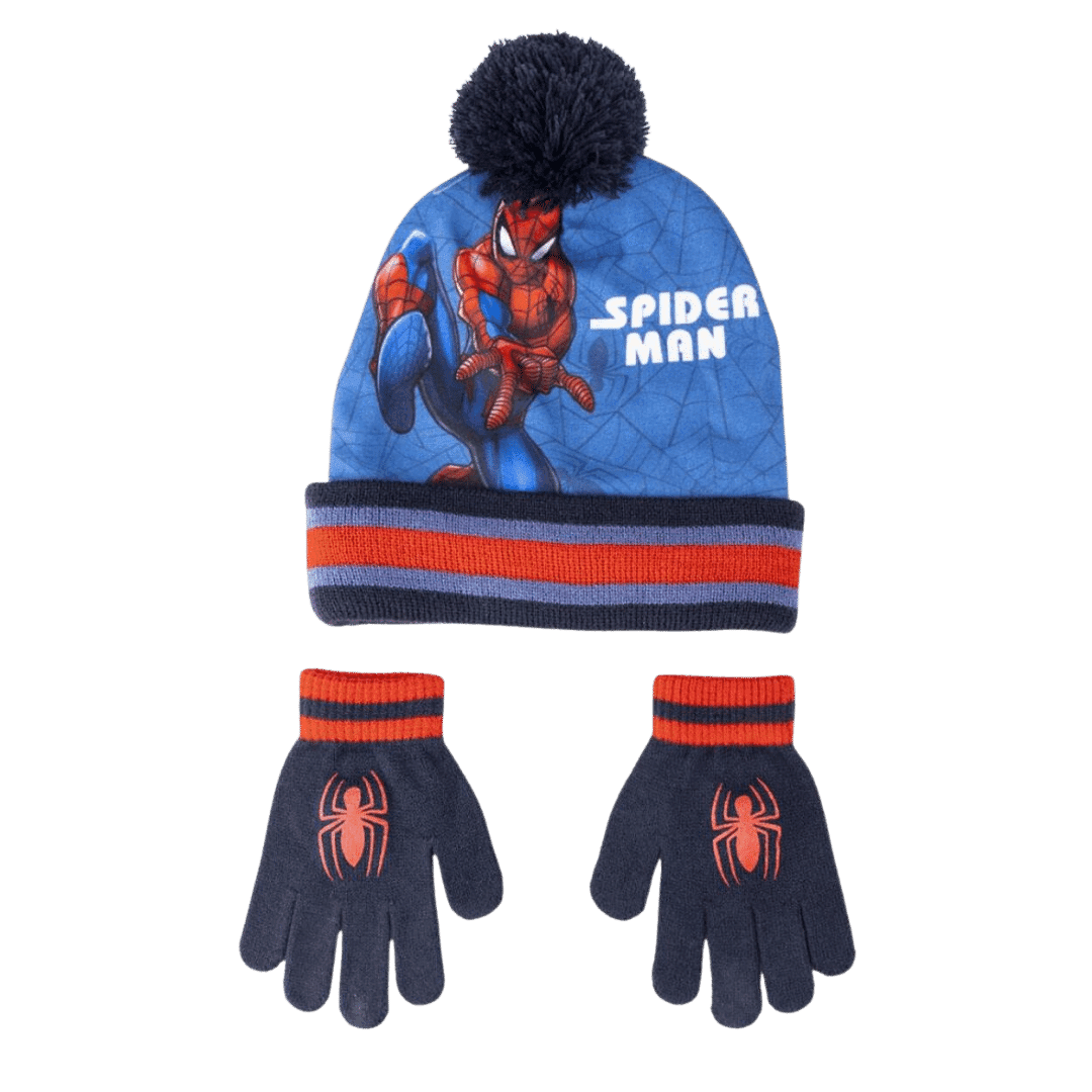 Coordinato Spiderman: Cappello e Guanti con Ponpon per Bambini